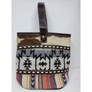 MYRA Bag Wine Tote Bag Holds Two Bottles Cowhide Canvas Leather Strap Aztec Boho